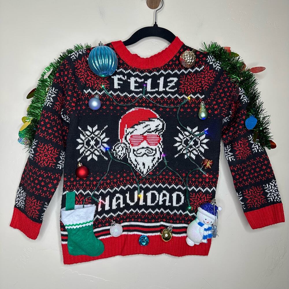 Ugly Christmas Sweater Feliz Navidad LIGHTS UP Tinsel Party Winner Kids Medium